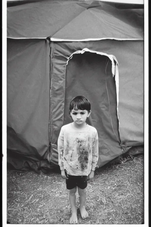 Image similar to photo polaroid of a sad and lonely child stands in the middle many big tents of field hospitals, pandemic, covid,loneliness, black and white ,photorealistic, 35mm film,