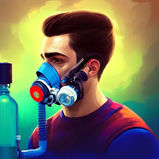 Image similar to a profile photo of a man with oxygen cylinder and mask, side profile in underwater, highly detailed, digital painting, artstation, concept art, smooth, sharp focus, illustration by Sandra Chevrier