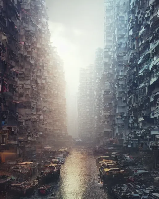 Prompt: poor buildings, hong kong buildings, kowloon, slums, dramatic lighting, depressing, dystopia trending on Artstation, 8k, highly realistic, hyper detailed, unreal engine 5, IMAX quality, realistic, cinematic, epic lighting, realistic, Matte Painting, masterpiece,