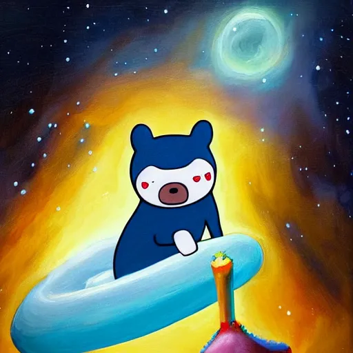 Image similar to jake the dog from adventure time floating in space, romantic oil painting, dark, melanchonic, adventure time