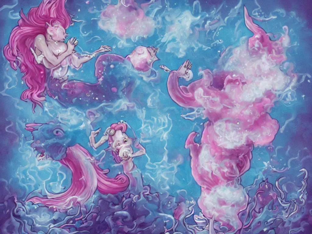 Prompt: Blue and pink fairy floss clouds in ice cream cones that explode into fire crackers and then the fire cracker sparkles settle into lines of cocaine and a dragon snorts a line and breathes fire that melts into acid and drips into a beaker that a mermaid drinks and then she turns into a demon mermaid and starts to glow by Mark Ryden