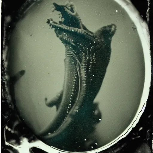 Image similar to tintype photo, swimming deep underwater, alien squid