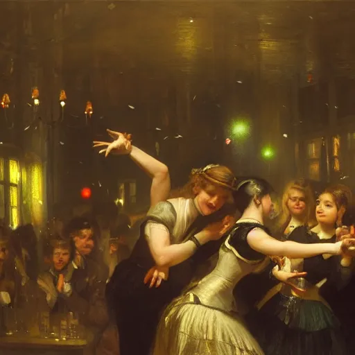 Prompt: young people dancing and drinking in a nightclub, partylights, beautiful people, by andreas achenbach, trending on artstation