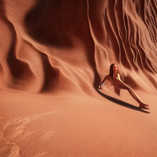 Image similar to a gorgeous goddess face arising out of the desert sand, photorealistic, beautiful dynamic dramatic, shadows, cinematic atmosphere, octane render, 8 k