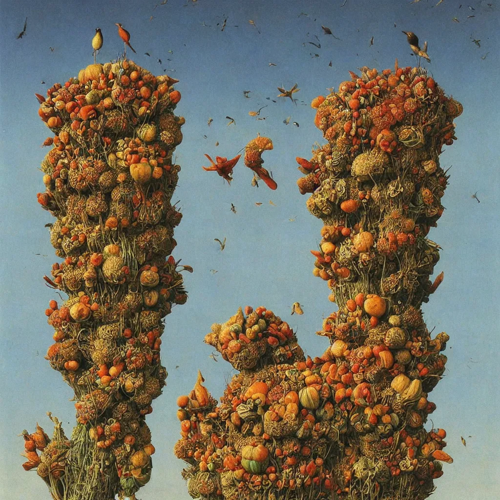 Image similar to a single! colorful! ( beksinski ) gourd fungus bird tower clear empty sky, a high contrast!! ultradetailed photorealistic painting by jan van eyck, audubon, rene magritte, agnes pelton, max ernst, walton ford, andreas achenbach, ernst haeckel, hard lighting, masterpiece