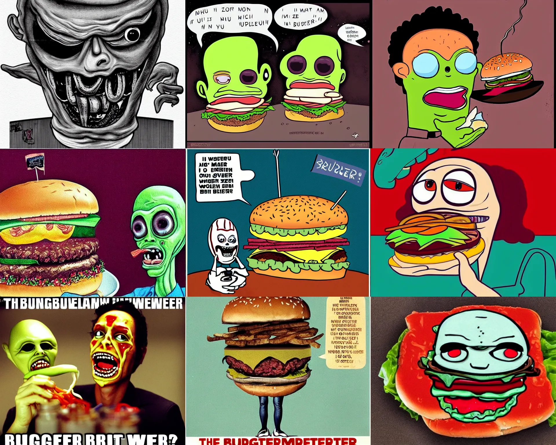 Prompt: the image on the burgermeester is terrifying, I want to eat that I am an alien and have been looking for a way to devour the woman's burger. I would be like a zombie in an alien ship and eat my burger to numb the pain. This art is very disturbing, not only is it an alien's face but also the cartoon character is a woman I'm obsessed with the images of this young lady as she devours a burger. Alien is the most popular artist for this type of imagery, this is an illustration of a mad man I think this alien is a visual artist who has captured the essence of a primal human fear of eating. The alien has taken a bite out of a burger I am so jealous that the artist didn't use any shock art on this burger. I would never eat something I have a strange, obsessive urge to take the entire set of art and make an alien sandwich. A giant robotic monster is eating our brains! I hope it gets its way into the burgermeester! Alien is taking over the burgermeester This is one of my favorite paintings of a young woman's mental turmoil. I want to eat the alien burger and see what all the chaos is about.