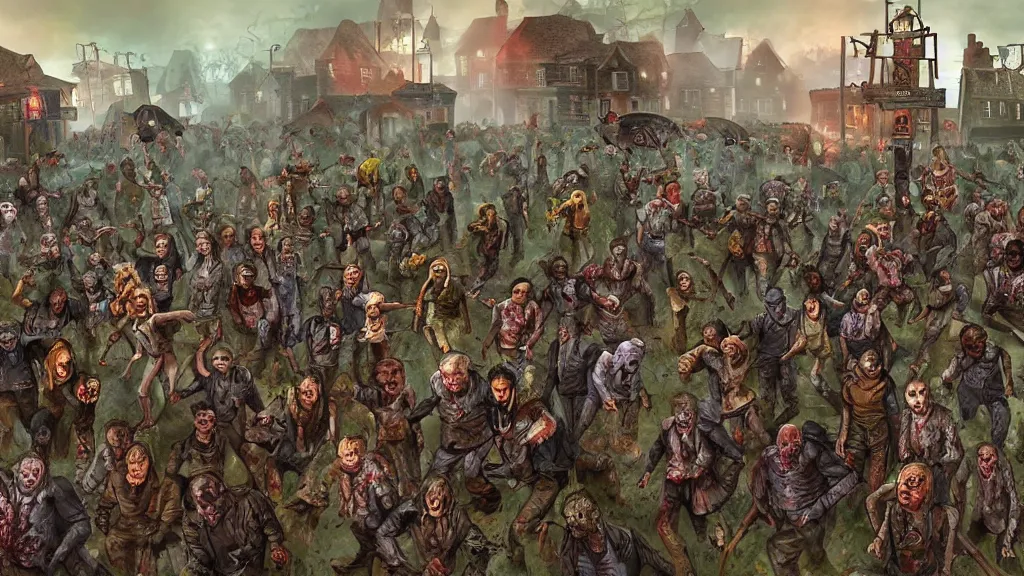 Image similar to hords of zombies flood the village, digital art by Jamey Jones,