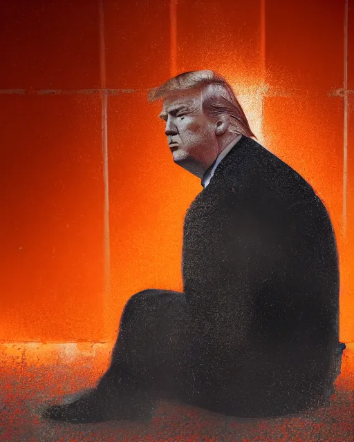 Image similar to a head and shoulders portrait of Donald trump wearing a orange jumpsuit, sitting on the floor of a filthy rat infested concrete jail, dimly lit, volumetric lighting, in jail by craig mullins and Annie Leibowitz, octane, 8k,