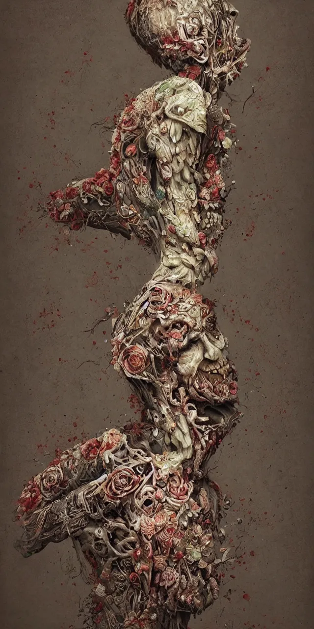 Image similar to a beautifully rendered portrait of an upright and fed up intricately hand - carved zombie wearing a floral embroidered blazer, by gerald brim and tom bagshaw and beksinski, trending on artstation, 8 k, full subject in frame, upright