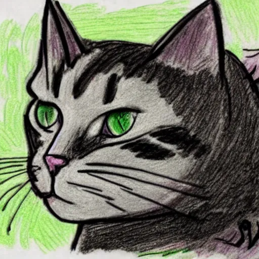 Prompt: a crudely scribbles picture of a cat by a child using blunt green and purple crayons on crumpled paper, unskilled, ugly, photoreal, loosely drawn, very few lines drawn, shaky lines, 3 6 0 p