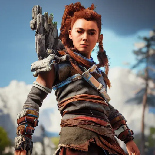 Prompt: aloy from horizon zero dawn, full body, 3 d cgi render, blender, 4 k