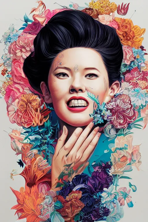 Prompt: a lady smiling cute, Tristan Eaton, victo ngai, artgerm, RHADS, ross draws