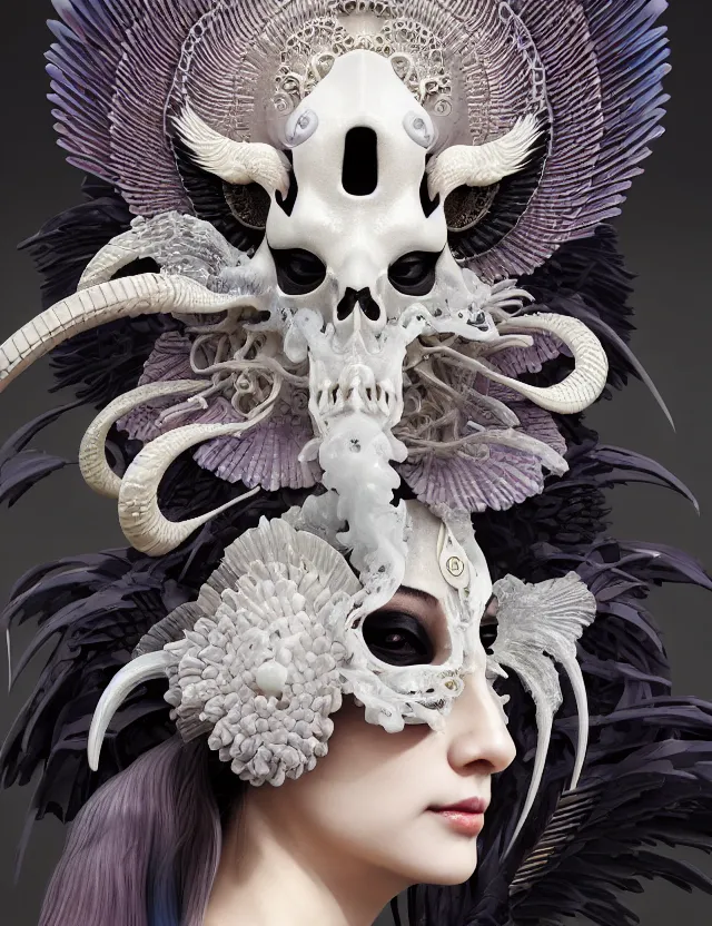 Image similar to 3 d goddess of death close - up profile portrait with ram skull. beautiful intricately detailed japanese crow kitsune mask and clasical japanese kimono. betta fish, jellyfish phoenix, bio luminescent, plasma, ice, water, wind, creature, artwork by tooth wu and wlop and beeple and greg rutkowski