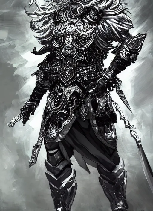 Prompt: Full body portrait of god with silver hair, half man half wolf, wearing ornate attire. In style of Yoji Shinkawa and Hyung-tae Kim, trending on ArtStation, dark fantasy, great composition, concept art, highly detailed, dynamic pose.