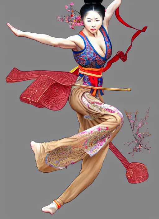 Image similar to full body portrait of a dancer throwing silk belts, feet, barefoot, full body, tanned, vivacious, athletic, hanfu, chinese ribbon dance, wide ribbons, silk belt, wuxia, martial arts, ming dynasty, detailed, realistic face, anatomically accurate, fantasy illustration, dnd, deviantart, artstation, wlop.