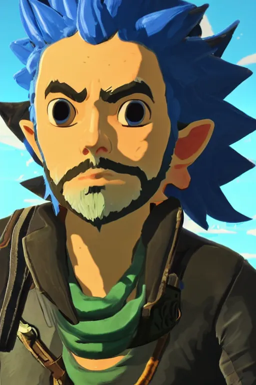 Image similar to an in game portrait of rick sanchez from the legend of zelda breath of the wild, breath of the wild art style.