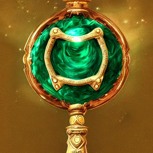 Image similar to full view of fantasy magical staff with emerald in the middle, high detail, fantasy art, concept art, 4 k, ultra detail, computer art