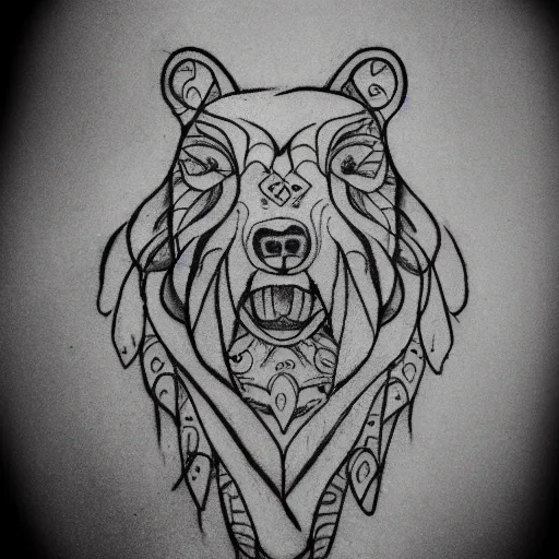 Prompt: tattoo sample stencil. pencil line drawing, black and white, bear