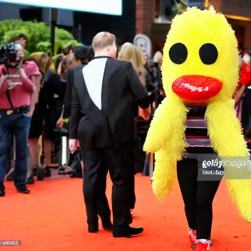 Prompt: an anthropomorphic corn dog walking the red carpet, press photo,