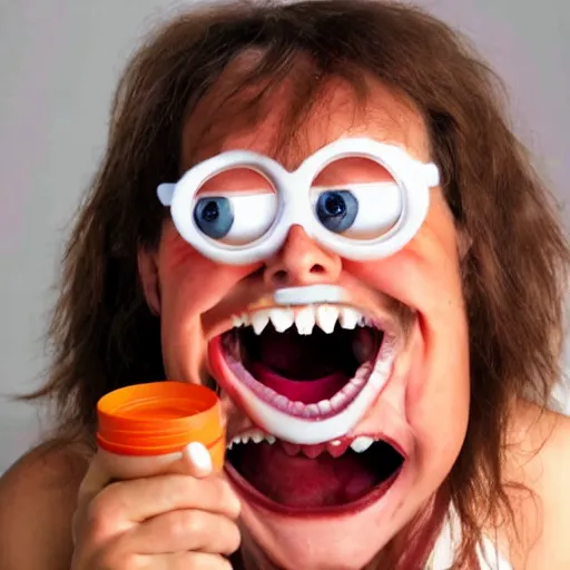 Image similar to crazy eyed demon laughing very hard at a can of spam