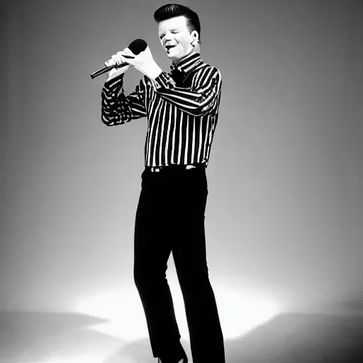 Image similar to young Rick Astley singing into a microphone, dancing, black suit, black and white striped shirt, white background