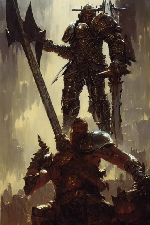 Image similar to towering metal armoured barbarian with two lightning hand axes, portrait dnd, painting by gaston bussiere, craig mullins, greg rutkowski, yoji shinkawa