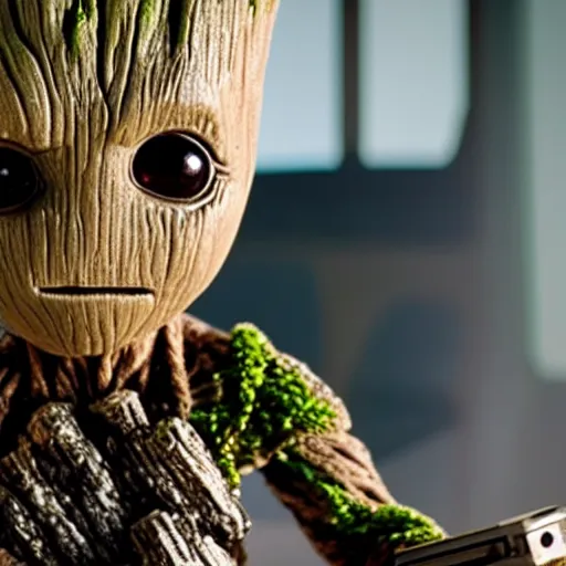 Prompt: Film still of Baby Groot wearing a Stormtrooper outfit, from Star Wars (1977)