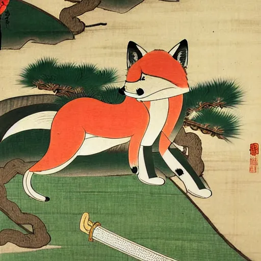 Image similar to samurai fox with a katana. sakura forest in the background. old japanese painting. fresco