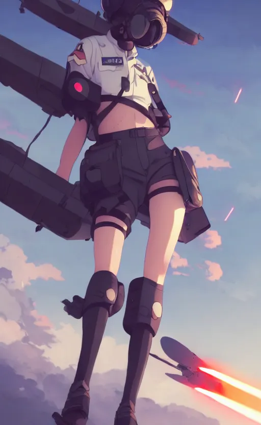 Prompt: cute pilot girl flying, black sky background, battlefield landscape, illustration concept art anime key visual trending pixiv fanbox by wlop and greg rutkowski and makoto shinkai and studio ghibli and kyoto animation, soldier clothing, military weaponry, fused airplane parts in legs, enemy ufo using lasers