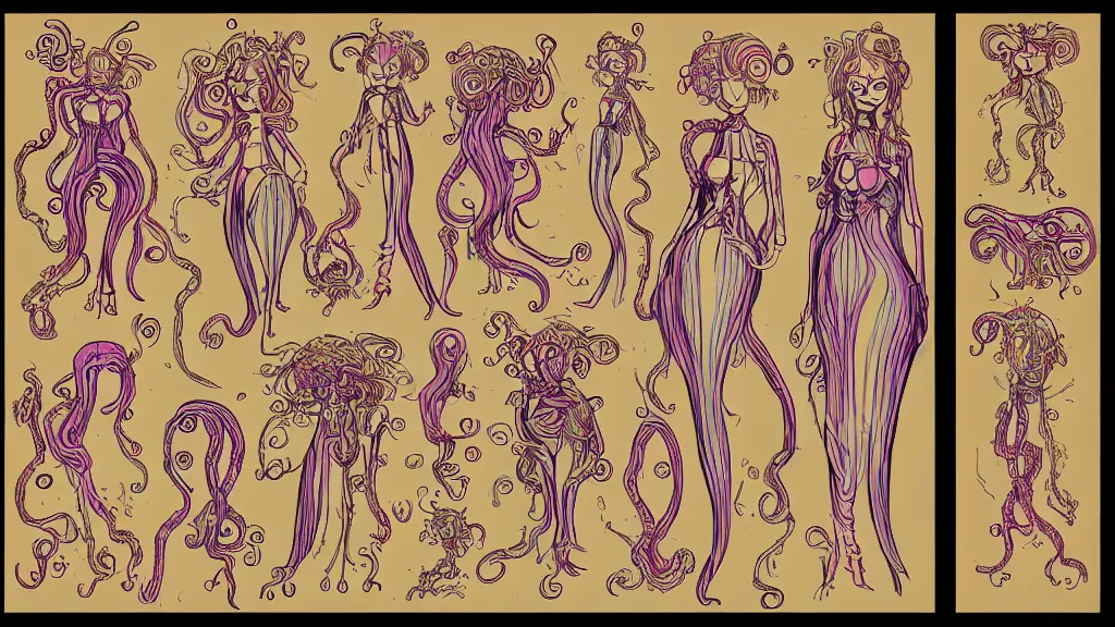 Image similar to aged paper, colorful character sheet for a stocky alien extraterrestrial female servant maid with thick snake - like tentacles instead of hair, long dress with apron, woodstock, psychedelic, 7 0 s, coherent, illustration, digital art, trending on artstation, hd, 8 k, good lighting, beautiful, rough paper, masterpiece