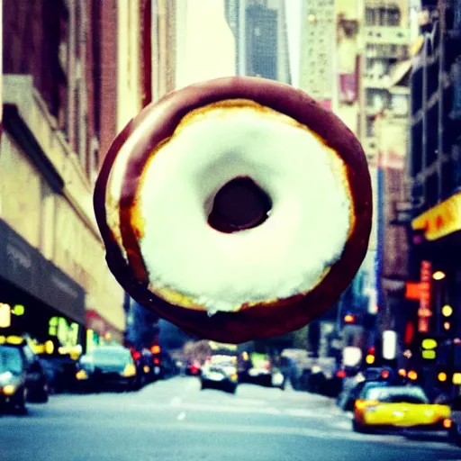 Image similar to a very beautiful polaroid picture of a giant donut in the streets of new york