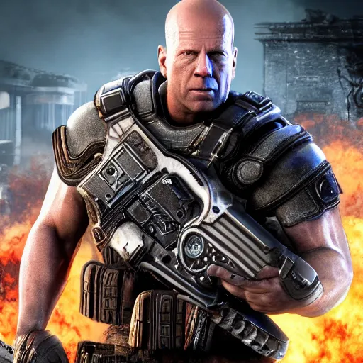 Prompt: Bruce Willis as a buffed gears of war 4 videogame character, undertailed, 8k render,