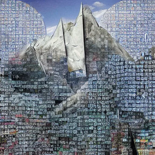 Image similar to a mountain made out of computer screens that display bitcoin logos, cinematic, post - apocalyptic landscape, harsh contrast lighting, in the style of surrealism, made by salvador dali