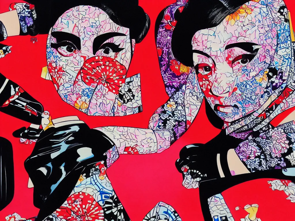 Image similar to hyperrealism composition of the detailed woman in a japanese kimono sitting at an extremely detailed poker table with darth vader, fireworks on the background, pop - art style, jacky tsai style, andy warhol style, acrylic on canvas