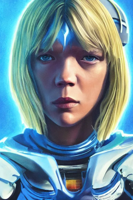 Prompt: a striking painting of Léa Seydoux as 2000AD Judge Anderson, strong lighting, ultra realism, highly detailed, trending on artstation, 4K, HD, oil on canvas