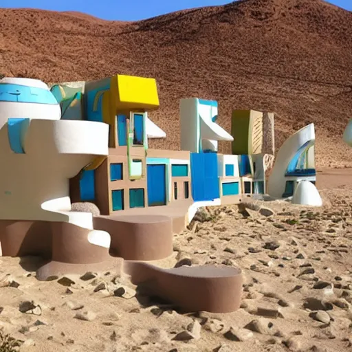 Image similar to big scale baby toy hotel in the dessert, modernism