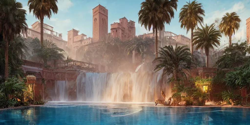 Image similar to beautiful pool waterfalls surrounded by palm trees, moroccan tile archways, industrial buildings, rusty metal towers, sun setting, ross tran, fantasy, james jean, peter morbacher, angelarium, alchemy, luxury, heavenly light, soft illumination, trending on artstation, cinematic lighting, digital painting, octane render, artgerm