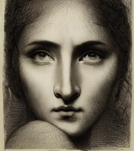 Image similar to black and white, portrait of a woman face in forest, extreme close-up, Gustave Dore lithography