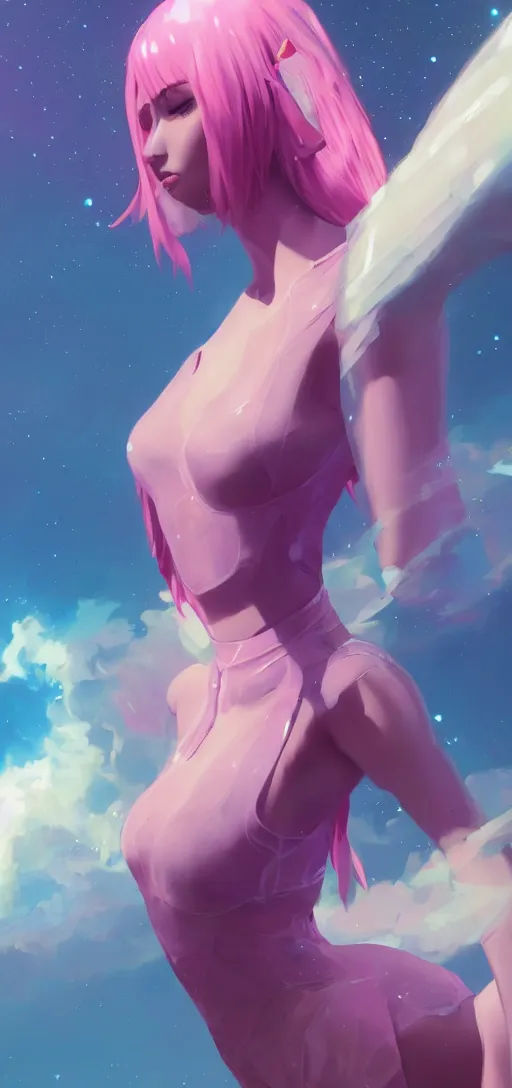 Image similar to beautiful woman floating in space peacefully, crystallized bodysuit, pinks blue an purples, extra long hair, full body, wojtek fus, by Makoto Shinkai and Ilya Kuvshinov,