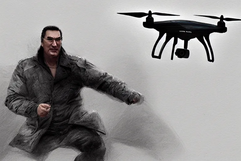 Prompt: pencil sketch of steven seagal being chased by a drone, digital painting, artstation, concept art, smooth, sharp focus, illustration, whimsical background by marc simonetti, artwork by liam wong, patriotic, detailed