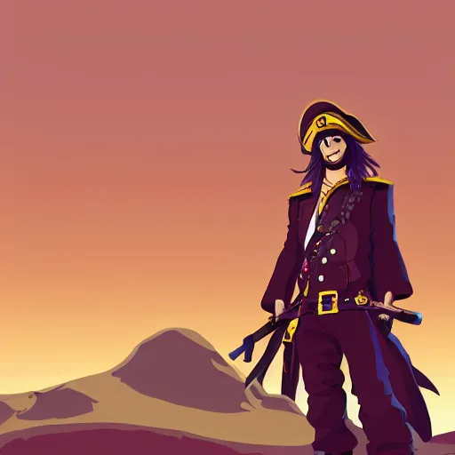 Prompt: Painting of an anime pirate captain in the middle of a desert, digital art (5px vector outline contour, anime shading)