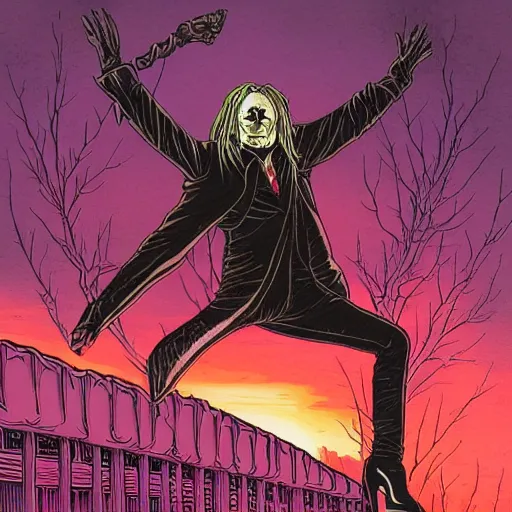 Prompt: vampire Mortiis floating in the air, sunset by Dan Mumford. Wearing leather and spikes