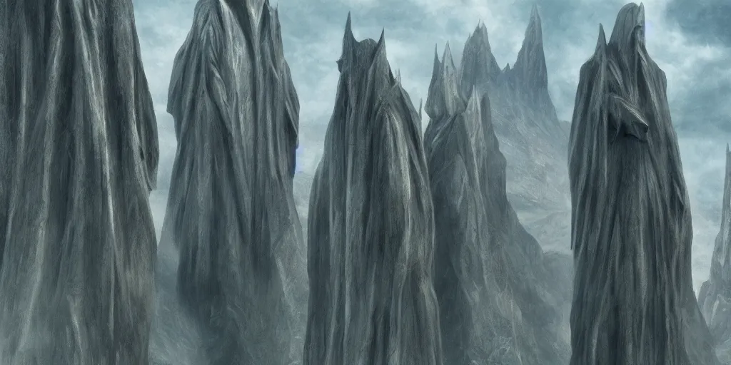 Image similar to Argonath statues, evening, detailed matte painting, cinematic, Alan Lee, Artstation