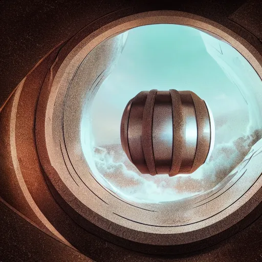 Prompt: steel crucible filled with portal to another dimension, epic, cinematic, surreal, by greg rutowsky