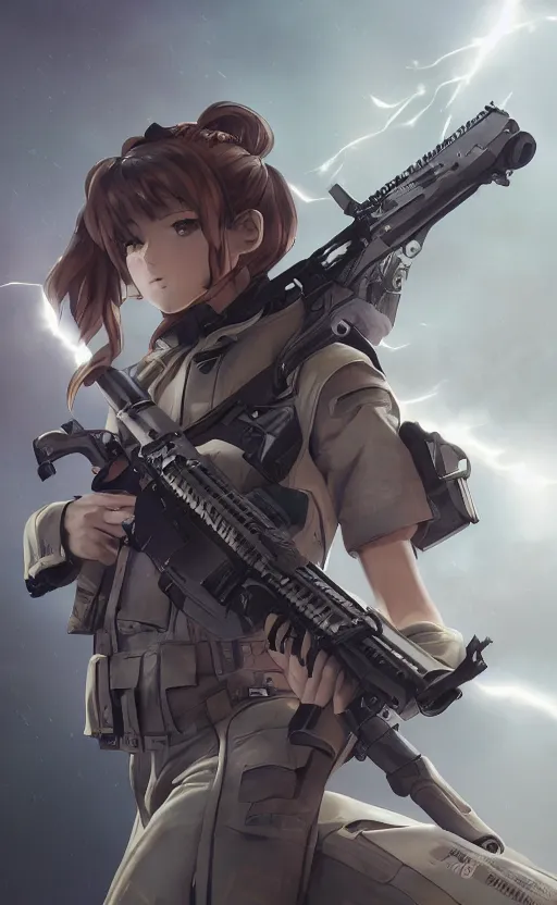 Prompt: highly detailed, high resolution, character design art, stunning, volumetric lightning, realistic guns, girls frontline style, matte, sharp focus, intricate, 150mm, illustration, artstation, by kuvshinov ilya, realistic human anatomy, simple design, realistic military gear, from royal space force the wings of honnêamise movie