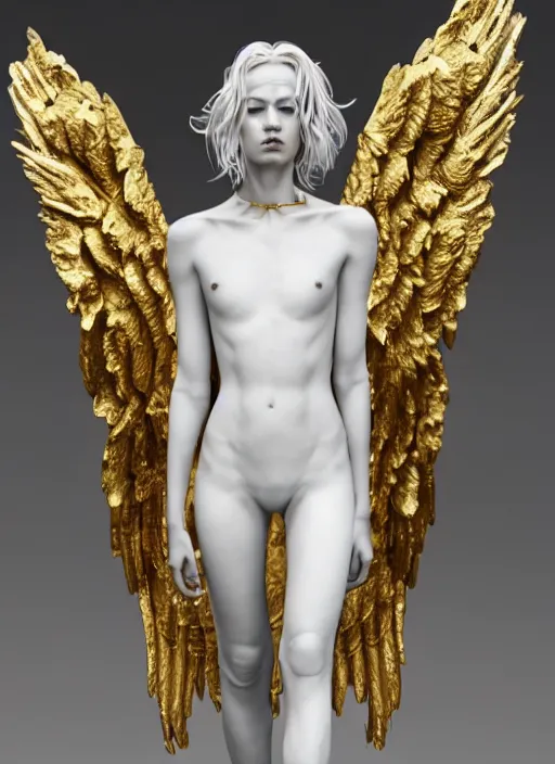 Image similar to a statue made of white marble with gold veins, of an gorgeous futuristic cybernetic angel girl, prostheses, transhumanism, full body shot, perfect symmetrical body, perfect symmetrical face, hyper realistic, hyper detailed, by johannen voss, by peter kemp, by monia merlo, by michelangelo, octane render, blender, 8 k