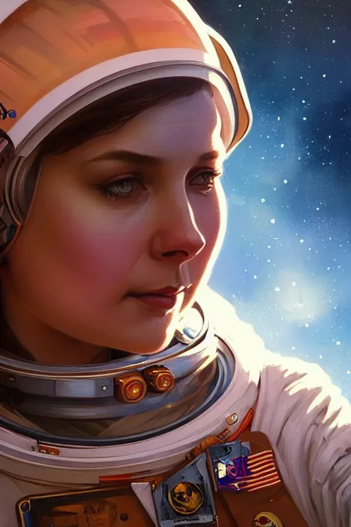 Image similar to beautiful portrait of a female astronaut on mars, face painting, dramatic lighting, intricate, wild, highly detailed, digital painting, artstation, concept art, smooth, sharp focus, illustration, art by artgerm and greg rutkowski and alphonse mucha, footage from space camera