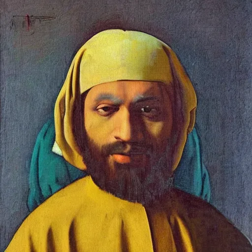 Image similar to Masterpiece Portrait of Muslim Ronald mcdonald, dressed thobe, Ghutra and Egal, style of Johannes Vermeer