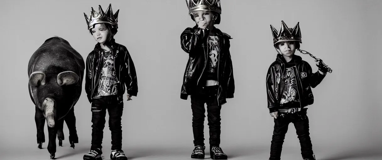 Image similar to cyberpunk boy child boy wearing gold crown riding large pig in black and white