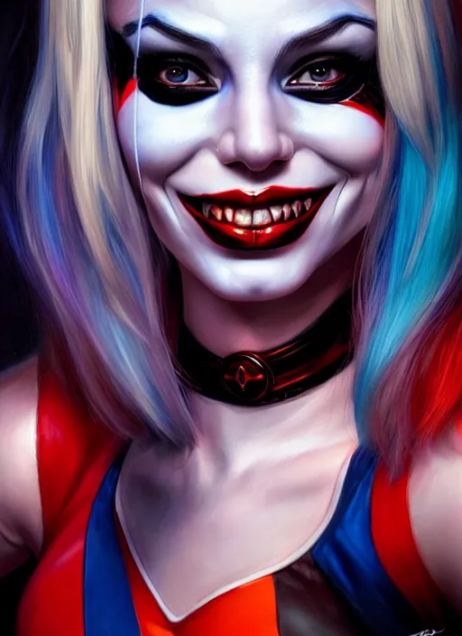 Image similar to photo of a gorgeous harley quinn in the style of stefan kostic, realistic, sharp focus, 8 k high definition, insanely detailed, intricate, elegant, art by stanley lau and artgerm